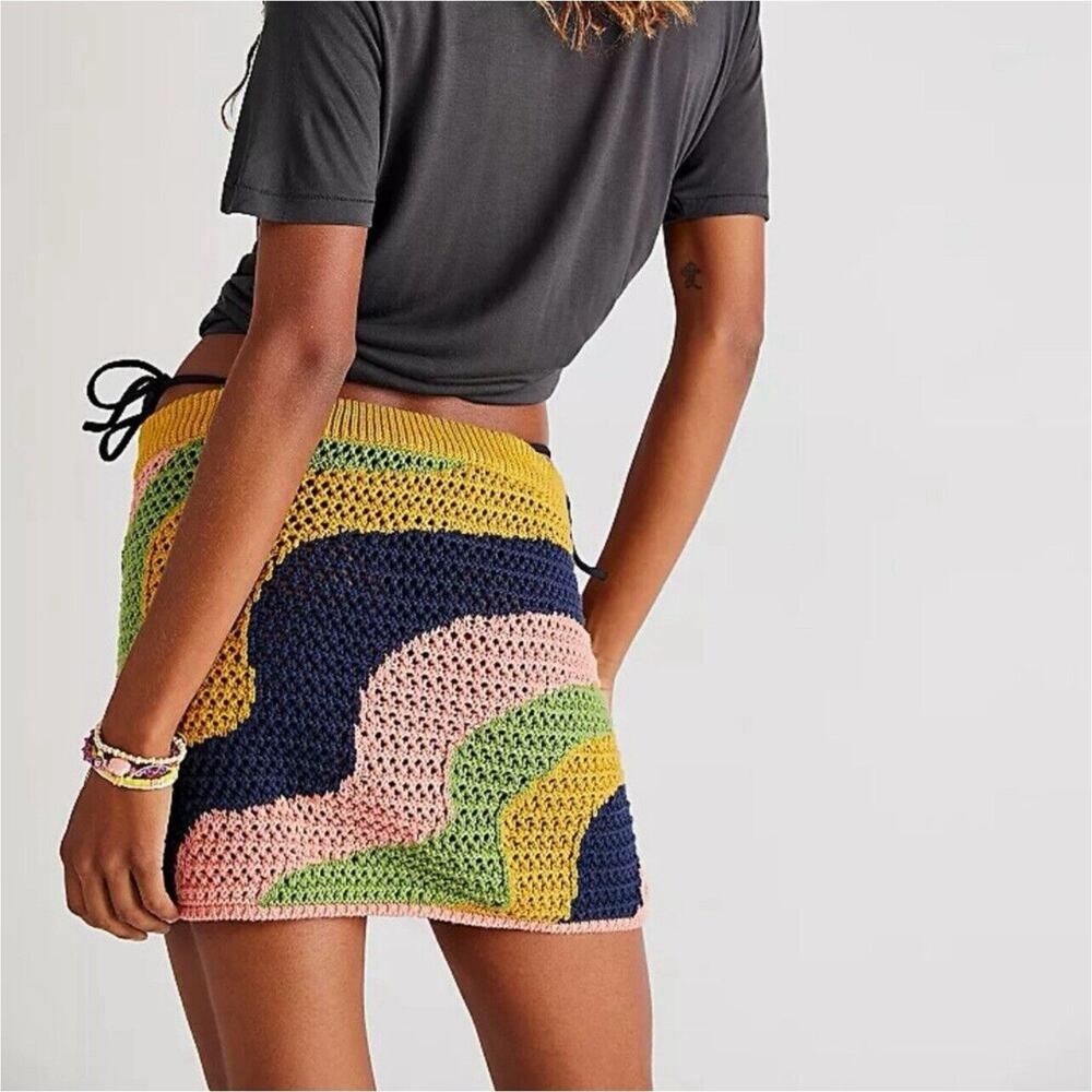 Free People Mila Crochet Mini Skirt Size L Forsythia Combo Cotton Boho NWT $108 - Picture 2 of 9
